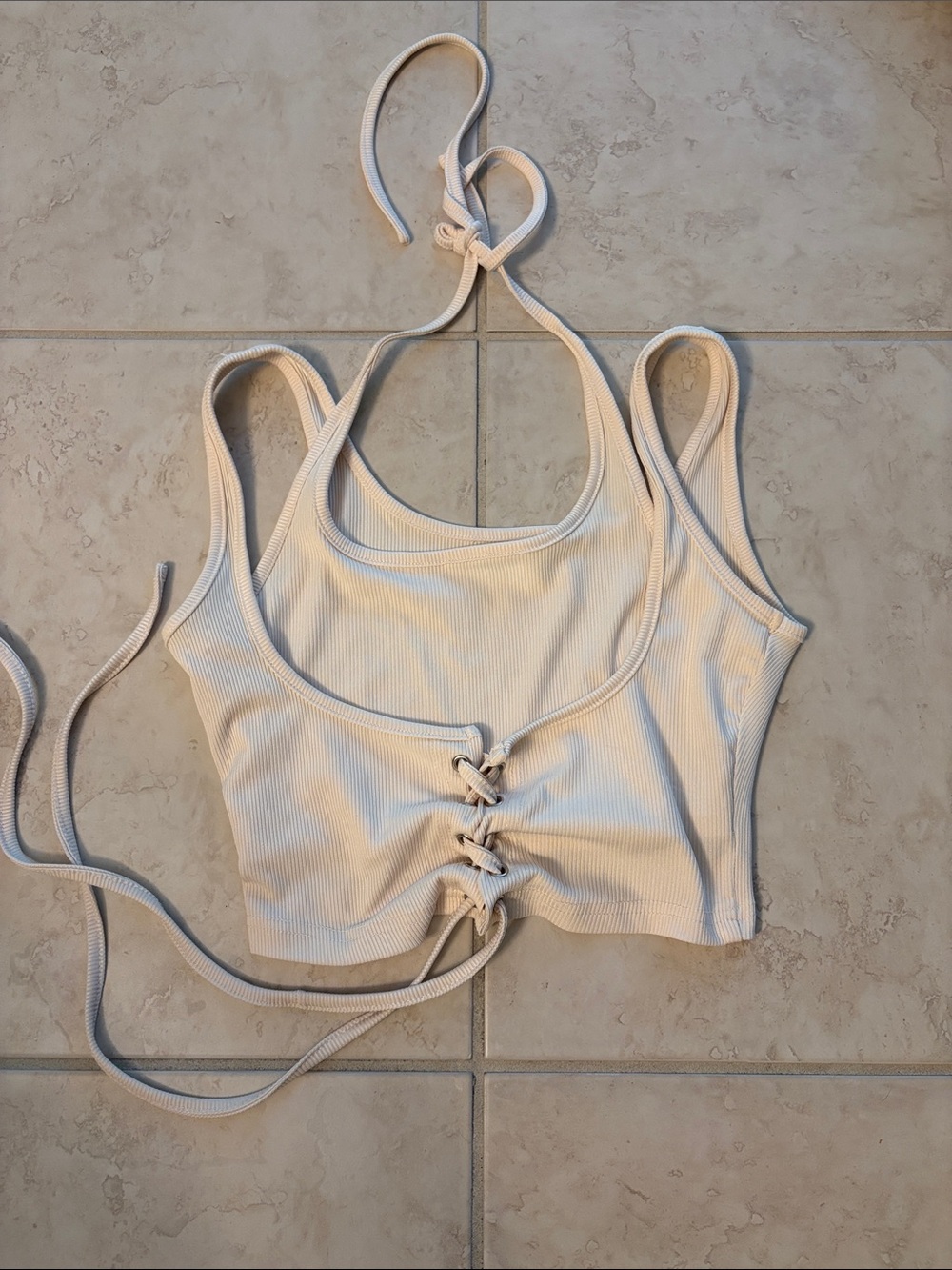 Cider Ribbed Lace-Up Halter Crop Top in Cream